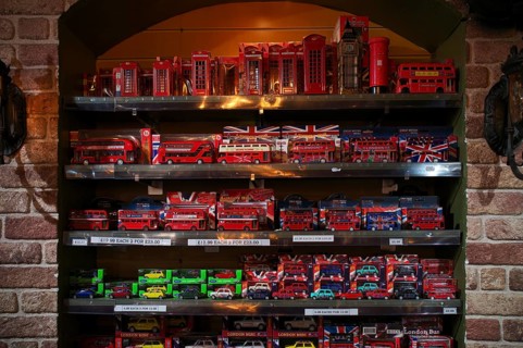 Miniatures of red telephone box, double-decker bus, souvenir shop, souvenirs, Kensington, London,