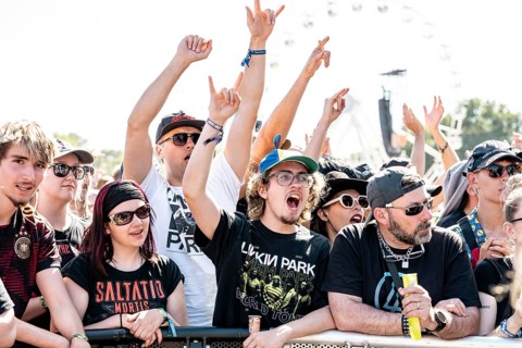 Festival-goers rock and sing at Rock im Park on Zeppelin Field in Nuremberg on 07.06.2026