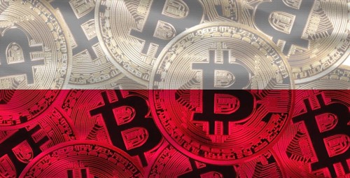Polish flag with Bitcoins in the background. Bitcoin cryptocurrency with Poland flag, Investors in