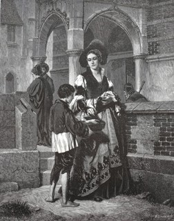 Picture showing a finely dressed lady in Renaissance or Baroque style giving alms to a poor,