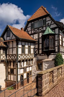 Medieval half-timbered houses under a cloudy sky, The Wartburg near Eisenach in Thuringia