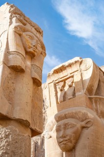 The Hathor capital columns, iconic ancient Egyptian pillars featuring the face of the goddess