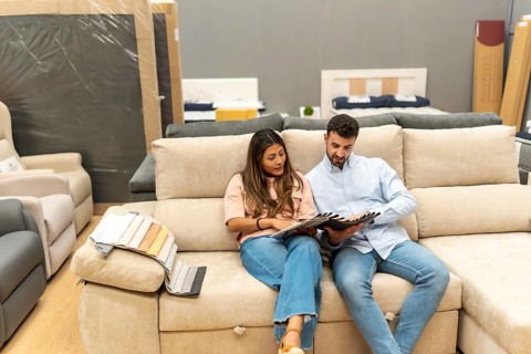Young couple sitting on a large sofa, carefully examining different fabric samples and discussing