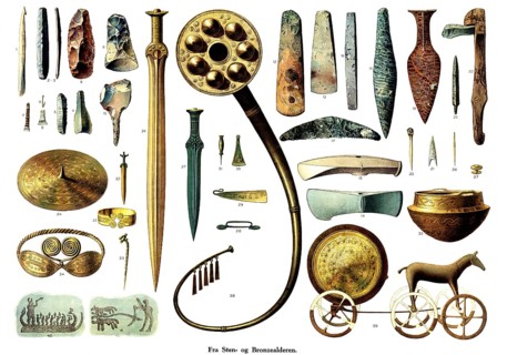 Archaeological findings from Norse prehistory. Stone Age, top left & center. Bronze age, center &