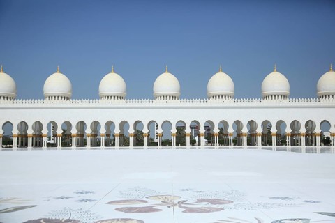 White domes with decorated columns on white ground with patterns, Sheik Zayed Mosque, Sheikh Zayed