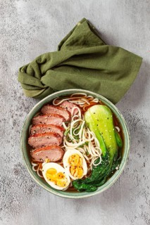 Ramen soup with duck and noodles, with eggs and bok choy, homemade, no people