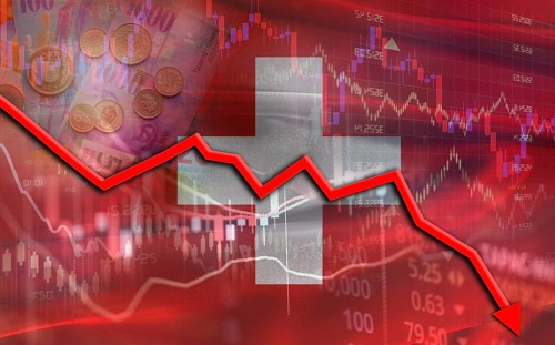 Switzerland financial fall on economy market. Swiss financial crisis on economic graph