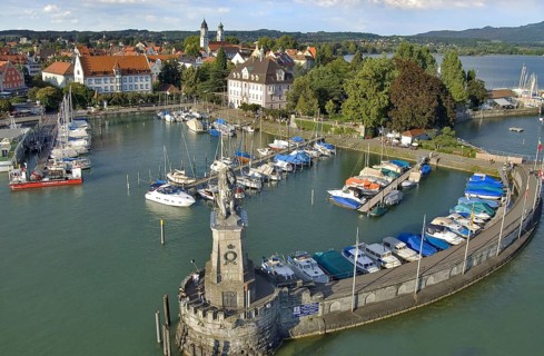 Aerial view of marina and lighthouse of Lindau am Lake Constance, Bavaria, Germany