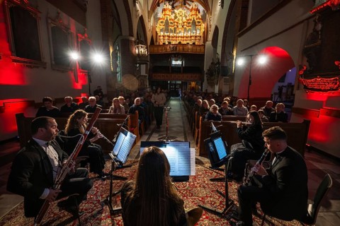 LUBIN, POLAND - APRIL 24, 2026: Concert in church. A woodwind quintet performing a classical music