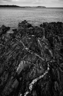 Rocky coast, rocky beach, Pennance Point, black and white, Falmouth, Falmouth Bay, Cornwall,