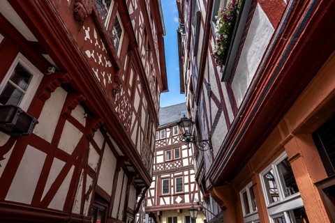 The wine town of Bernkastel-Kues on the Middle Moselle, alleys on the medieval market square with