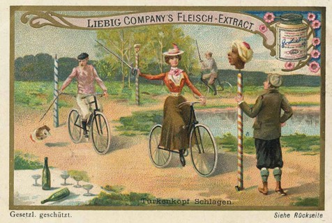 Cycling picture series, scene illustrating the game Turks' head hitting on a bicycle. Cyclists try