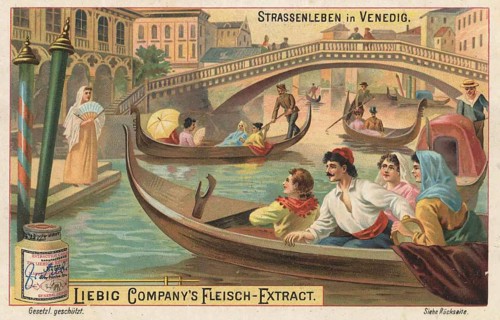 Picture series Street life in Venice, scene with gondolas and gondoliers in front of a bridge in