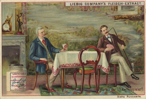 Picture series Search game puzzles, Where is the third card player? Scene shows two men playing