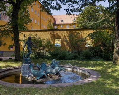 Yellow residential buildings, fountains, borstei, heritage-protected residential development,