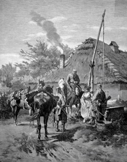 Circassian tank riders at a village well. The depiction captures a moment of rest in a Caucasian or