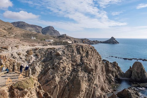 Cliff near Cabo de Gata, viewpoint, Cabo de Gata Natural Park, Nijar, Almería Province, Andalusia,