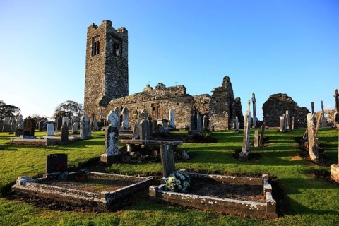 Cemetery and ruins of the monastery church on the Hill of Slane, Leinster province, Ireland
