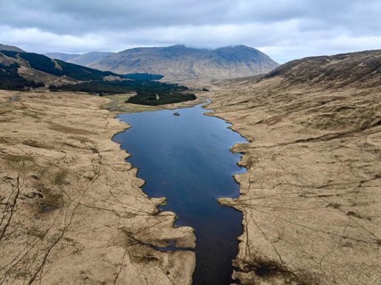 Panoramic aerial drone photo of Loch Peallach in the highlandof Isle of Mull, Inner Hybrides,