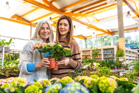 Mother and daughter smiling together in a bright plant nursery, holding potted hydrangeas while