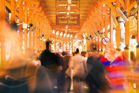 Dubai, UAE - 17th january, 2026: Dubai Gold Souk in Deira. Zoom in timelapse crowds visitors under