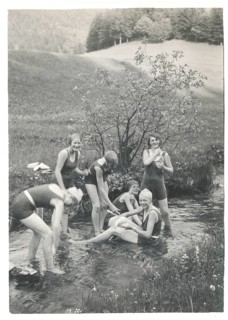 Bathing, swimwear, leisure, summer, woman, girls, boy girls splashing in a small stream and having