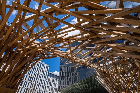 Wooden art installation at the entrance to the Futuroum Museum on Kapelle Ufer, Berlin, Germany