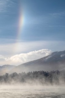 Fog and parhelion over the river Glomma (Glåma), Alvdal, Hedmark, Innlandet, Norway, February 2026