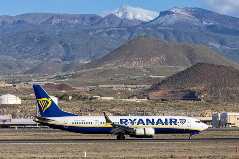 A Ryanair Boeing 737-8-200 MAX aircraft with the license plate EI-IJY at Tenerife airport, Spain