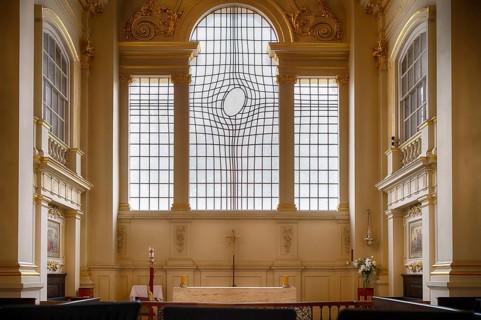 Interior view of the new East Window, east window, designed by Shirazeh Houshiary, altar, St