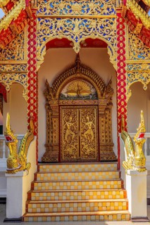 Gilded entrance doors with Buddhist motifs, Wat Phra That Doi Suthep temple complex, Chiang Mai,