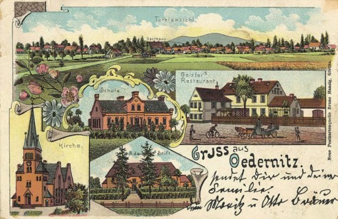 Historical postcard with greetings from Ödernitz, a district of Görlitz, Saxony, Germany, authentic