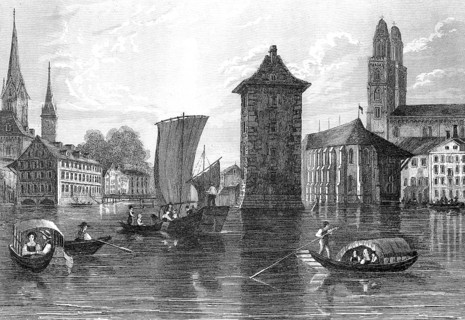 Zurich in 1870, Lake Zurich and city, Switzerland, illustration, reproduction from a model from the