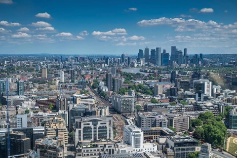 View of London from 20 Fenchurch Street skyscraper with Canary Wharf financial center, London,