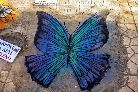Detailed street painting of a large blue butterfly with green accents, colorful street art and