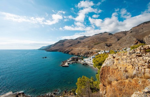 View of Chóra Sfakion on the Libyan Sea, with the Leka Ori or White Mountains in the back, Sfakia