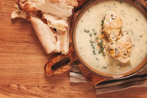 Chikhirtma chicken soup, Georgian dish, with lavash, top view, no people
