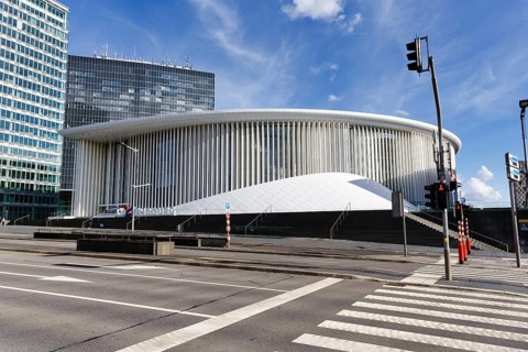 View of the Philharmonic Orchestra, Avenue John F. Kennedy, modern architecture in the Kirchberg