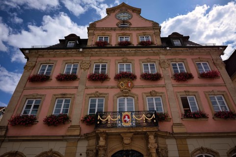 Balcony with unicorn in city coat of arms Town Hall, Schwäbisch Gmünd, Baden-Württemberg, Germany