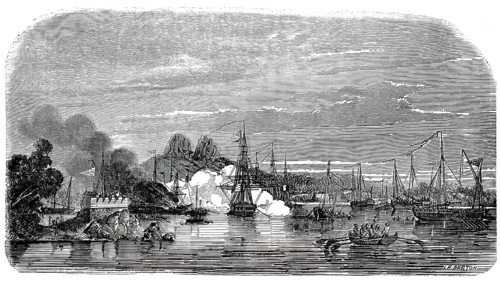 The Victorieuse and the Claeopatre sinking the junks from Cochinchina, Battle of Tourane 1847.