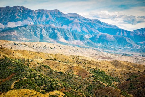 Dramatic viewsof the mountains from the car on the main road. Albania