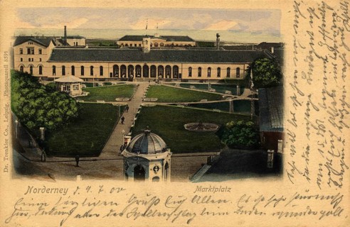 Historical postcard from the market square and the conversation house on the island of Norderney,