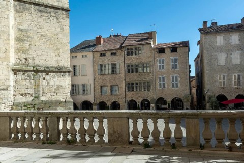 Villefranche de Rouergue. City of Art and History. Arcades on Notre Dame square. Aveyron. Occitanie