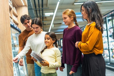 Family comparing products and making choices for fresh food and daily necessities together,
