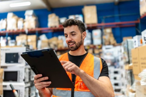Young man wearing a safety vest operating a digital tablet in a distribution center, diligently
