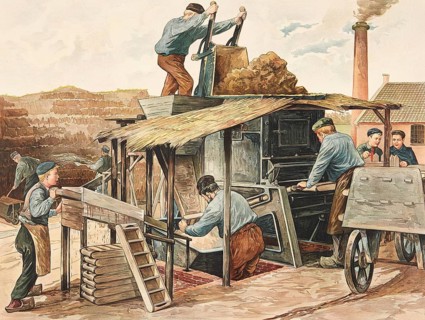 Scene in a traditional brick factory or glue mill where workers process clay. At the top, workers