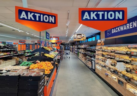 Action signs in an Aldi branch, supermarket, Witten, North Rhine-Westphalia, Germany