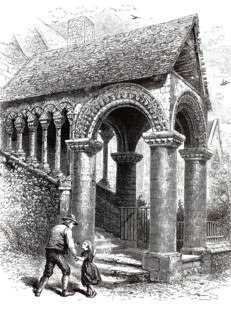 Norman stairwell in Canterbury, King's School, County Kent, England, illustration, reproduction