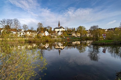 City view of Villmar and the Lahn, Hesse, Germany