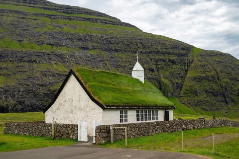 Saksun Traditional Church, Grass Roof, Streymoy Island, Faroe Islands, Denmark